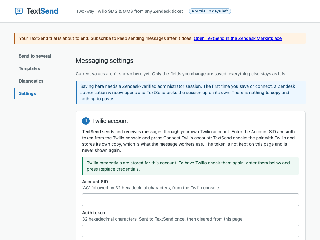 Settings: connect your Twilio account